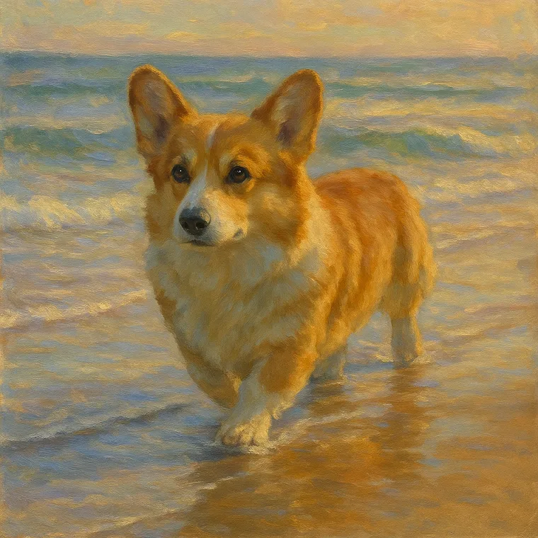 A corgi running in the surf